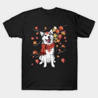 Maple Dog Leaf Fall Hello Autumn Funny Siberian Husky Lover T-Shirt